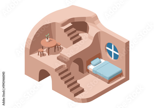Cozy isometric illustration of a cave dwelling with a bed and dining area