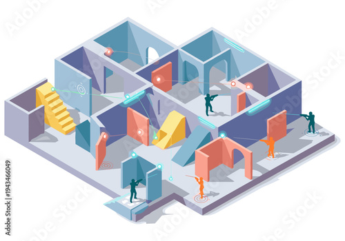 Isometric laser tag arena with players and glowing targets, futuristic indoor game concept