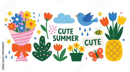 Cute summer stickers with bouquet bird butterfly flowers and foliage