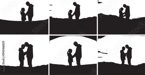 Set of Silhouettes Capturing Heartwarming Moments Between a Father and Daughter Outdoors in Different Poses