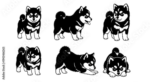 Cute Shiba Inu Puppy Poses Collection - Black and White Vector Illustrations
