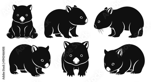Cute Wombat Collection: Six Adorable Black Silhouettes in Various Poses