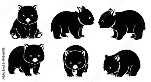 Cute Wombat Silhouettes Collection: Sitting, Standing, and Curious Poses
