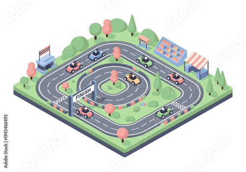 Isometric go-kart race track with colorful cars and finish line in a playful cartoon style