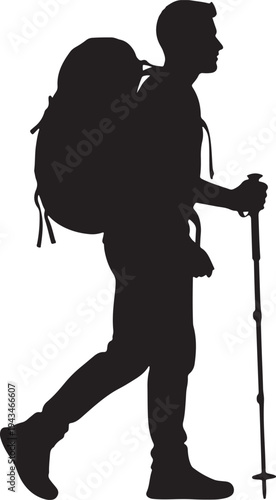 Profile Silhouette of a Male Hiker with a Large Backpack and Trekking Pole Walking on a White Background