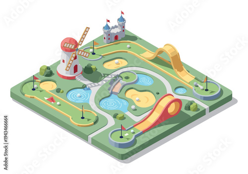 Isometric miniature golf course with windmill and castle, fun outdoor activity