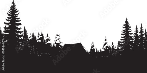 Camping Tent Silhouette in Pine Forest, Outdoor Adventure and Wilderness Nature Scene for Logo or Background Design