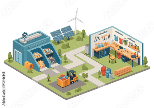 Isometric view of a sustainable recycling facility and workshop powered by renewable energy