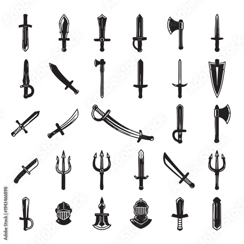 Vintage-style illustrations of weapons and blades on display