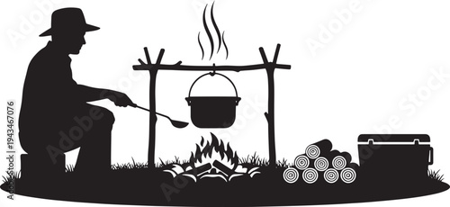 Camping Scene Silhouette of a Person Cooking Over an Open Fire with a Hanging Pot, Wilderness Survival and Outdoor Lifestyle