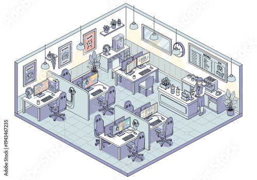 Isometric view of a modern gaming cafe with multiple computer stations and a barista counter