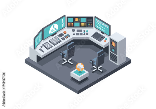 Modern control room with multiple monitors, computers, and chairs in isometric view