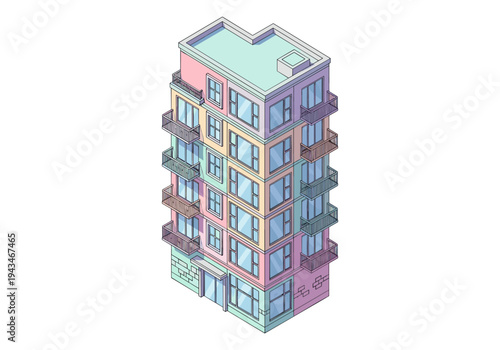 Colorful isometric apartment building with balconies and large windows on a white background