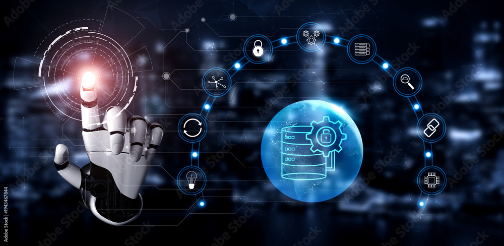Fototapeta premium AI for global data security and database management. Empowering businesses with secure AI data protection and information management strategy. Motif