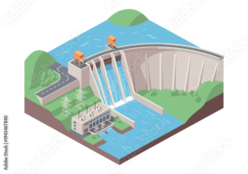 Isometric hydroelectric dam generating clean energy with power lines and a control building