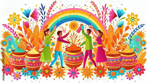 Vibrant illustration of two phoenix birds with rainbow and floral elements in background