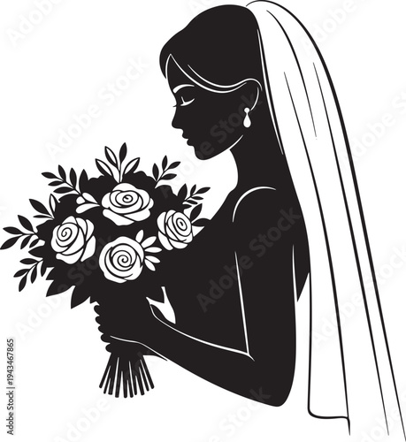 Beautiful bride silhouette holding a rose bouquet, profile view with veil and earring, elegant wedding portrait, vector illustration
