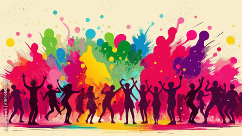 Diverse group of people joyfully throwing vibrant colored powders in celebration