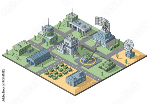 Isometric military base with helicopter, tank, and radar station