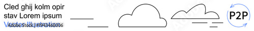 Peer-to-peer networks, cloud computing, data sharing, collaboration, technology innovation, decentralized systems. Diagram features clouds, arrows and P2P symbol. Peer-to-peer networks and cloud