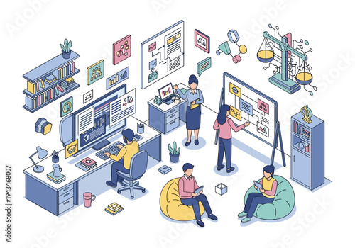 Isometric illustration of a modern office space with people collaborating and working on projects