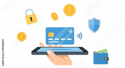 Secure Mobile Payment and Online Banking Vector Illustration with Credit Card, Smartphone, Wallet, Coins, Lock, and Shield Icons for Digital Finance Concepts