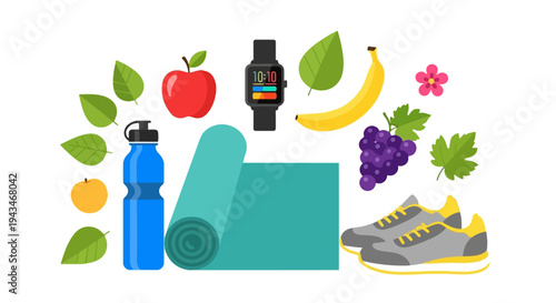 Healthy Lifestyle and Fitness Essentials Vector Illustration Set with Smartwatch, Yoga Mat, Water Bottle, Fruits, and Sneakers for Wellness Design