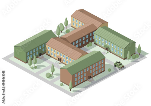 Isometric view of a military base with barracks and a tactical vehicle on white background