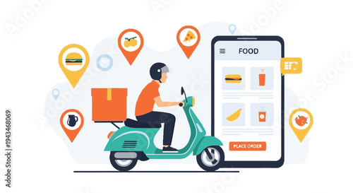 Food Delivery Service Vector Illustration with Scooter Rider, Smartphone App, and Location Pins for Online Order and Fast Shipping