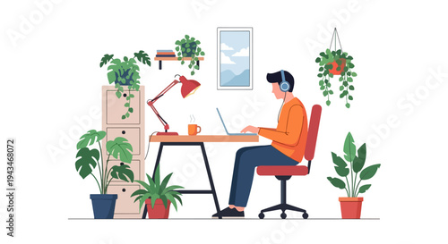 Young Man Working Remotely from Home Office with Laptop and Headphones Surrounded by Houseplants Vector Illustration