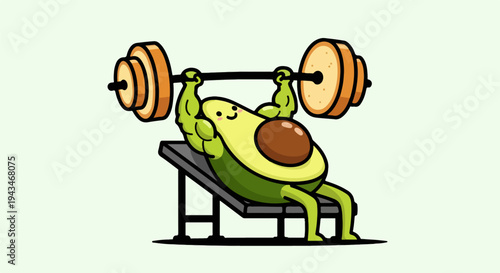Strong Cartoon Avocado Character Lifting Barbell on Weight Bench, Illustrating Healthy Lifestyle, Fitness, and Strength for Gym or Diet Concepts Vector