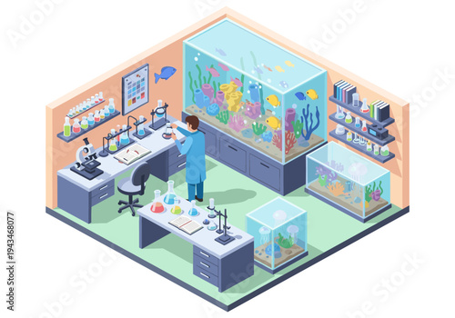 Scientist conducting marine biology research in a modern laboratory with aquariums