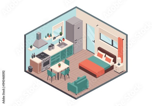 Cozy isometric studio apartment with kitchen, dining, and sleeping areas