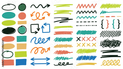 Colorful highlighter pen strokes with circles and directional arrows