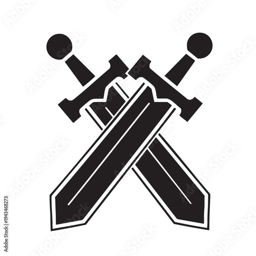 Iconic crossed swords illustration shows two weapons with fullered blades