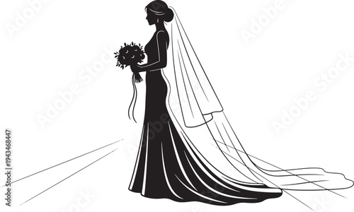 Stunning bride in elegant gown with long veil and bouquet, walking down aisle, silhouette illustration of wedding day, vector art