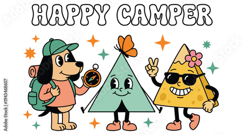 Happy camper retro cartoon with dog, tent, and nachos