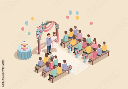 Isometric wedding ceremony with bride and groom under floral arch, guests seated on benches