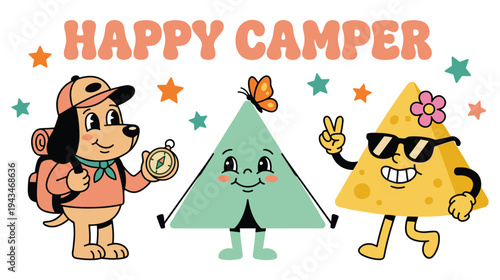 Happy camper cartoon with dog, tent, and nachos in warm colors