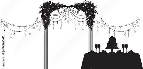 Wedding reception table setting with cake, champagne glasses, and floral decor, elegant celebration scene silhouette, vector illustration