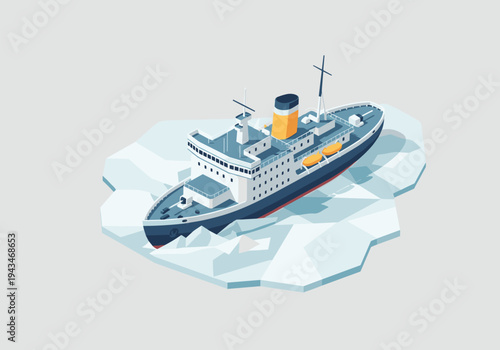 Isometric illustration of a cruise ship trapped in ice floes in the Arctic ocean