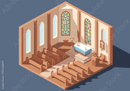 Isometric view of a simple church interior with pews, altar, and stained glass windows