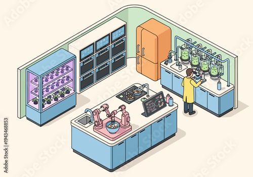 Futuristic laboratory with automated systems for food production and research