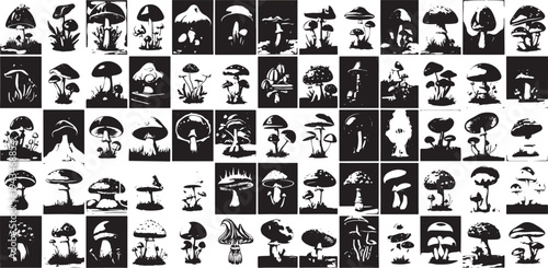 Diverse collection of mushroom silhouettes, various shapes and sizes, natural fantasy illustration, perfect for autumn or nature themes