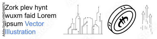 Cryptocurrency, digital finance, blockchain technology, investment trends, urban growth, economic development. Outline of a rising city skyline next to a Bitcoin coin. Cryptocurrency and digital