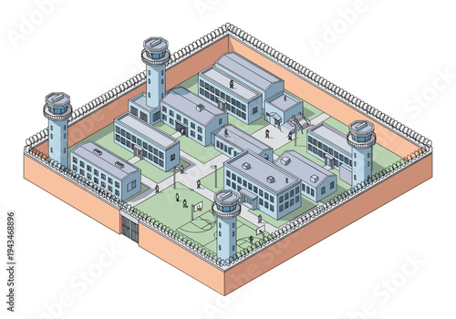 Isometric prison complex with guard towers, buildings, and recreational yard