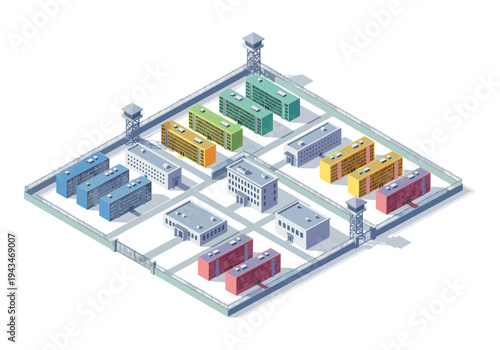 Isometric prison complex with cell blocks, guard towers, and high walls on white background