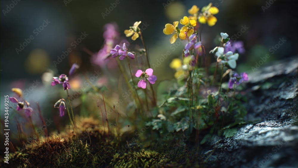 Fototapeta premium Delicate Wildflowers on Mossy Ground with Soft Light