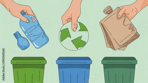 Hands deposit recyclable materials into colored bins for eco-friendly waste management