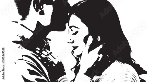 Intimate silhouette of a couple embracing, tender moment captured with high contrast black and white, expressing love and connection.